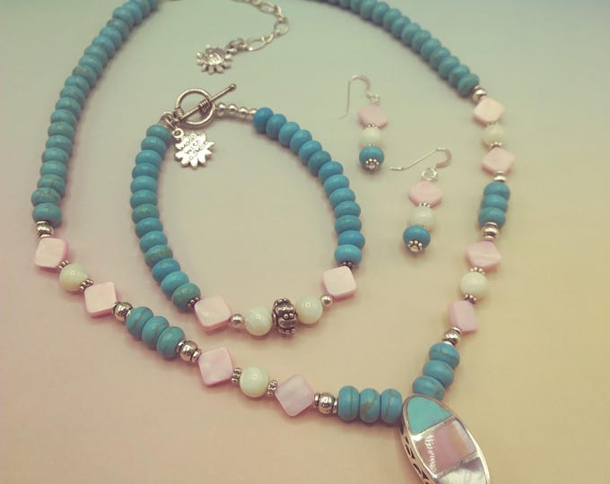 Turquoise with Pink and White Mother-of-Pearl 18 to 20 inch Adjustable Beaded Necklace, Coordinating Bracelet & Earrings, 3 Piece Set Signed