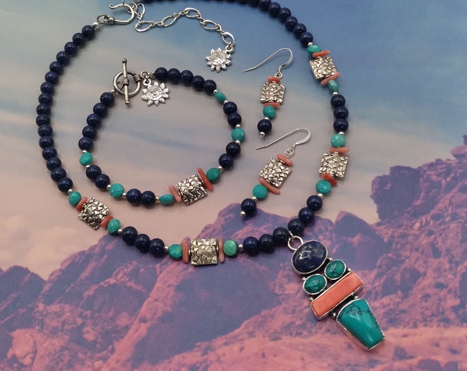 Turquoise, Lapis Lazuli, Coral Beaded Southwestern Adjustable Genuine Gem Necklace, Coordinating Bracelet Sterling Earrings, 3 pc. Set