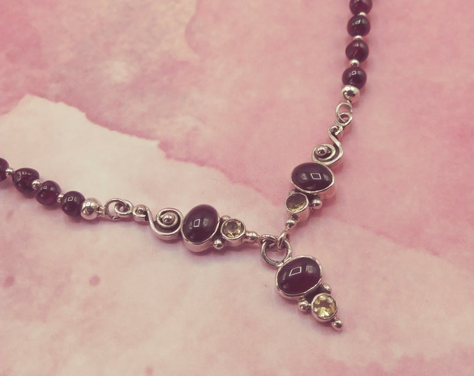 Garnet & Citrine Solid Sterling Coordinating 3-Piece Beaded Jewelry Set, Adjustable Necklace and Bracelet, Matching Sterling Earrings,Signed