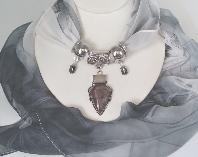 Labradorite Moonstone Scarf Slide Gem Pendant Necklace with Floral Scarf & Rings, 6 Piece Set
