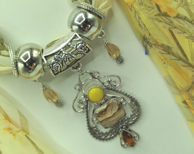 Gemstone Scarf Slider Pendant Necklace Set: Picture Jasper, Jade, Citrine - Floral Scarf & Rings