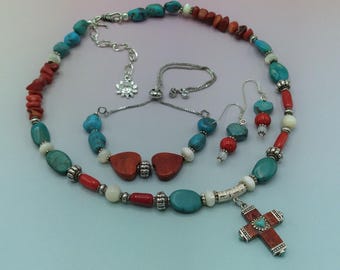 Solid Sterling, Genuine Turquoise, Coral, Mother of Pearl Gemstone Cross Jewelry Set, Adjustable Necklace & Bracelet, Coordinating Earrings