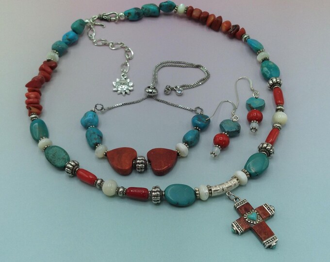 Solid Sterling, Genuine Turquoise, Coral, Mother of Pearl Gemstone Cross Jewelry Set, Adjustable Necklace & Bracelet, Coordinating Earrings