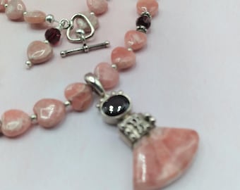 Pink Rhodochrosite & Garnet Solid Sterling Jewelry Set, Adjustable Necklace, Matching Bracelet, Earrings, Genuine Gemstones, Signed Original