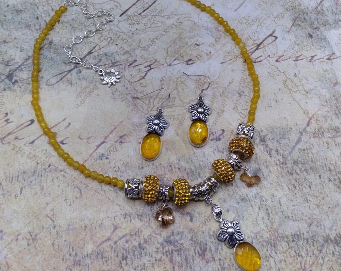 Golden Citrine Flower Charm Necklace, Earrings, 17-21 inch Adjustable Gem & Crystal Necklace with Matching Sterling Ear Wire Flower Earrings