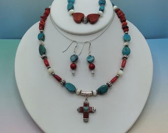 Solid Sterling, Genuine Turquoise, Coral, Mother of Pearl Gemstone Cross Jewelry Set, Adjustable Necklace & Bracelet, Coordinating Earrings