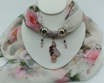 Pink Rose Quartz, Berry Garnet Gem Scarf Slide Pendant Necklace, 6 Pc. Set Also Includes White & Pink Long Floral Scarf and 4 Scarf Rings