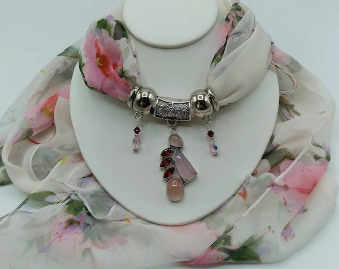 Pink Rose Quartz, Berry Garnet Gem Scarf Slide Pendant Necklace, 6 Pc. Set Also Includes White & Pink Long Floral Scarf and 4 Scarf Rings
