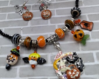 Halloween Charm Necklace & Earrings Set: Agate, Lampwork Glass