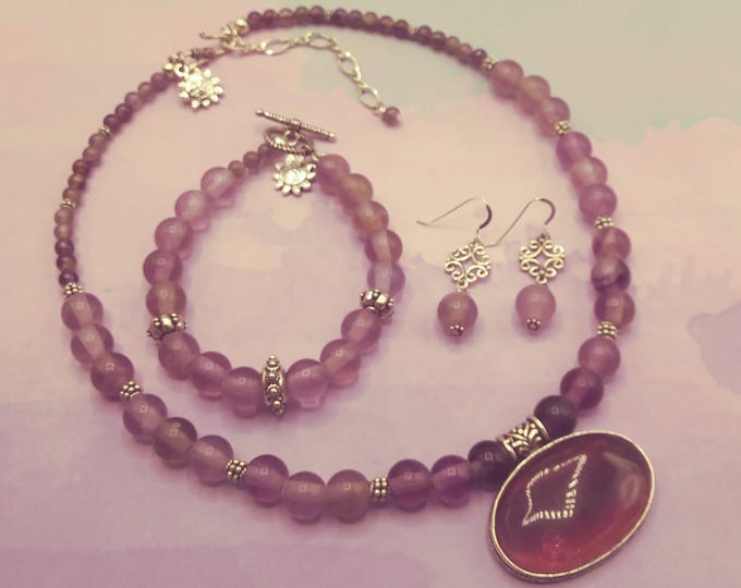 Purple Fluorite Solid Sterling Coordinating 3 Piece Adjustable Genuine Gemstone Necklace, Matching Bracelet & Earrings, One of a Kind Signed