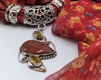 Red Jasper & Citrine Gem Scarf Slide Pendant Necklace, 6 Piece Set Includes Russet Red and Golden Flowers Long Scarf, 4 Scarf Rings, Unique
