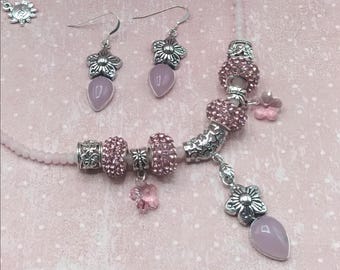 Rose Quartz Flower and Crystal Slider Necklace & Sterling Silver Earrings Set, Adjustable