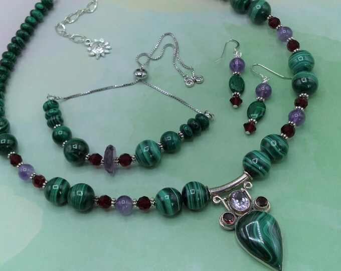 Lime Green Malachite, Amethyst, and Garnet Solid Sterling Coordinating Beaded 3 Piece Jewelry Set, Adjustable Necklace, Bracelet & Earrings