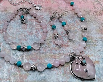 Rose Quartz, Turquoise, Solid Sterling Genuine Gem 3 Piece Jewelry Set, Adjustable Necklace, Toggle  Bracelet & Chandelier Earrings