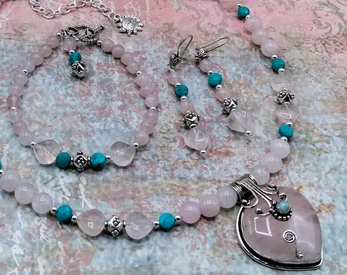 Rose Quartz, Turquoise, Solid Sterling Genuine Gem 3 Piece Jewelry Set, Adjustable Necklace, Toggle  Bracelet & Chandelier Earrings