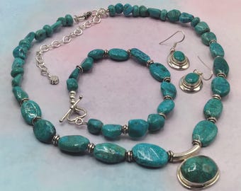 Turquoise Solid Sterling Silver Jewelry Set: Beaded Necklace, Bracelet, Earrings, Genuine Turquoise