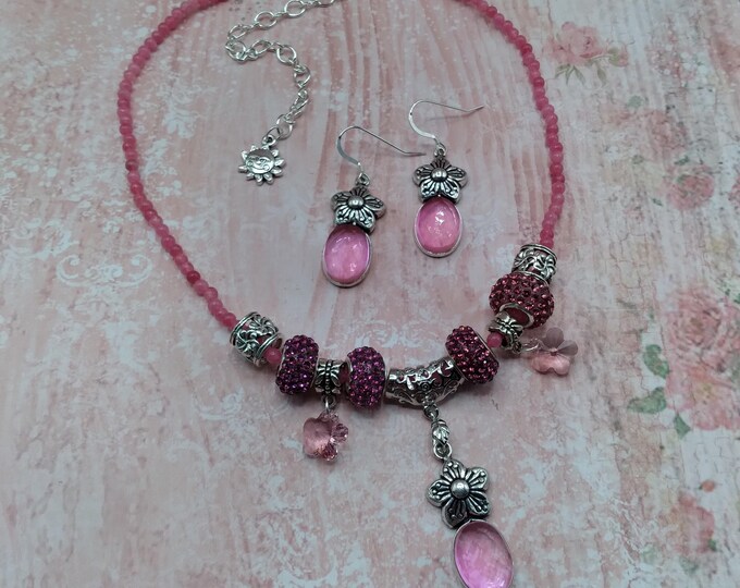 Berry Quartz Flower Charm Necklace and Earrings, 17-21 inch Adjustable Gem & Crystal Necklace and Matching Sterling Ear Wire Flower Earrings