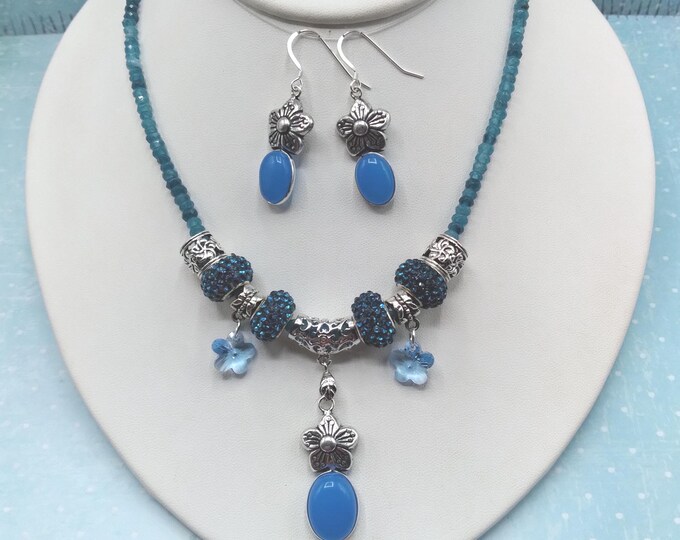 Blue Howlite Flower and Crystal Slider Necklace & Sterling Silver Earrings Set