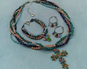 Solid Sterling Jewelry 3 Piece Set, Cross Necklace & Bracelet, Hoop Earrings, Genuine Turquoise, Lapis Lazuli, Coral, Pearl, Original Signed