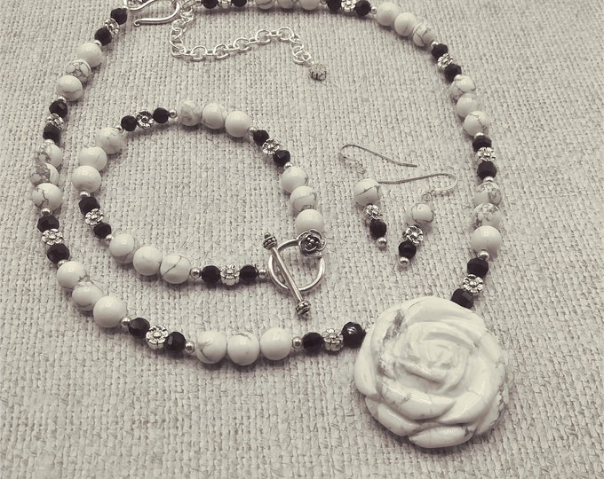 White Howlite & Faceted Black Onyx,Carved Rose Pendant,17” Adjustable Beaded Necklace,Coordinating Toggle Bracelet,Sterling Pierced Earrings