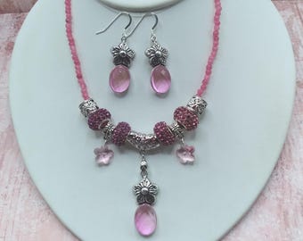 Berry Quartz Flower and Crystal Slider Necklace & Sterling Silver Earrings Set