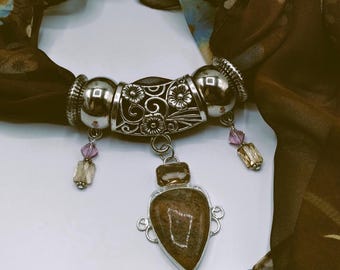 Autumn Jasper, Peach Quartz  Gem Scarf Slide Pendant Necklace with Coordinating Caramel Brown Floral Long Scarf, 4 Scarf Rings, 6 Pc. Set