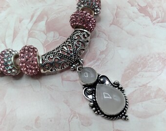 Rose Quartz Pendant Necklace: Silver, Crystal Beads, Adjustable Chain