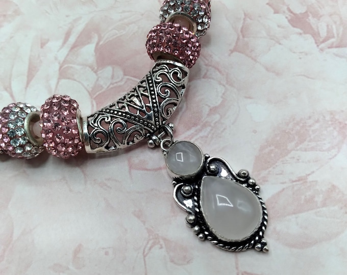 Rose Quartz Pendant Necklace: Silver, Crystal Beads, Adjustable Chain