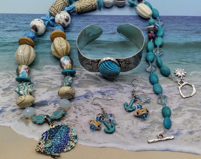 Tropical Fish 4 Piece Jewelry Set, Crystal Enhancer Pendant, 32 Inch Beaded Island Luxe Sea Theme Necklace, Coordinating Bracelet, Earrings