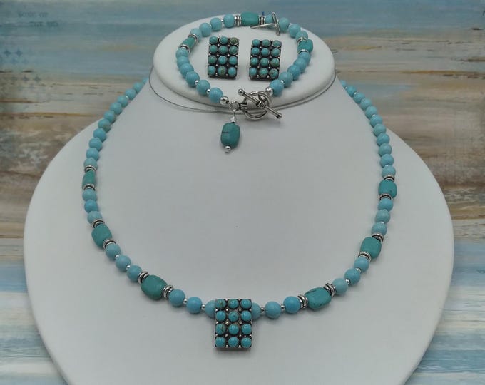 Turquoise & Solid Sterling Silver 17"  Adjustable Necklace, Coordinating Toggle Bracelet, Sterling Post Earrings, 3 Pc Set, Original Signed