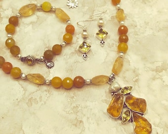 Citrine Geode Sterling Silver Jewelry Set: Genuine Gemstone Beaded Necklace, Bracelet & Earrings