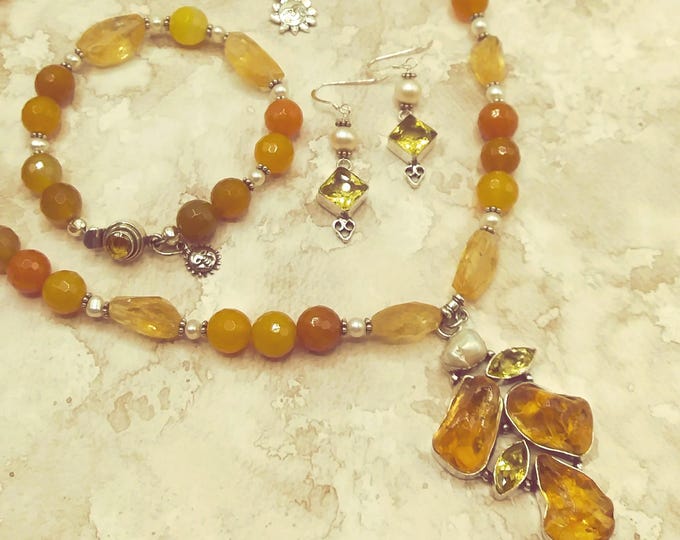 Citrine Geode Sterling Silver Jewelry Set: Genuine Gemstone Beaded Necklace, Bracelet & Earrings