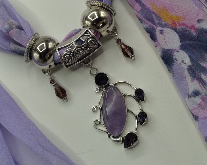 Purple Amethyst Genuine Gem Pendant Scarf Necklace, Includes Coordinating Purple & Pink Long Floral Scarf, 4 Scarf Rings, 7 Piece Set