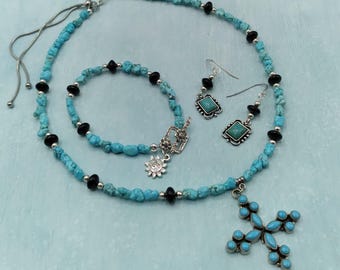 Turquoise, Onyx, Solid Sterling Jewelry 3 Piece Set, Celtic Cross Pendant, Adjustable Beaded Necklace, Gem Toggle Bracelet, Pierced Earrings