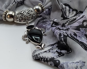 Black Onyx with Amethyst Accents Slide Pendant Necklace with Butterfly Scarf & Rings