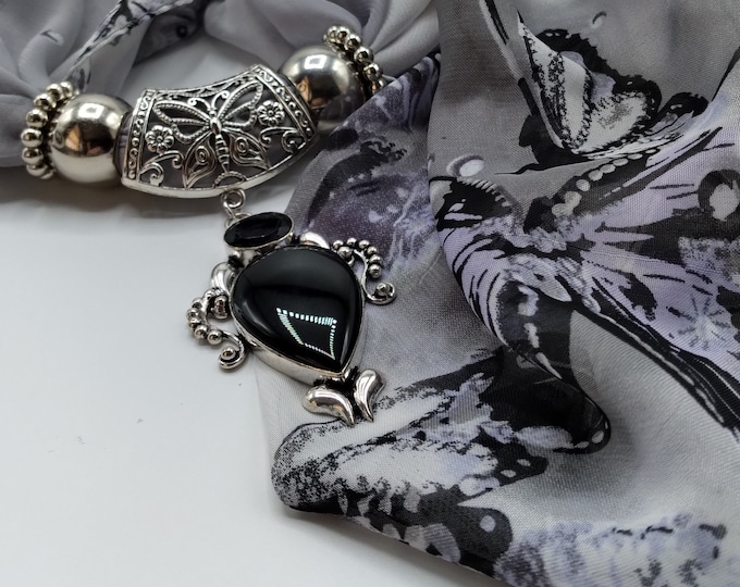 Black Onyx, Amethyst, Gem Scarf Slide Pendant Necklace, 6 Piece Set, With Coordinating Gray and Purple Butterflies Long Scarf, 4 Scarf Rings
