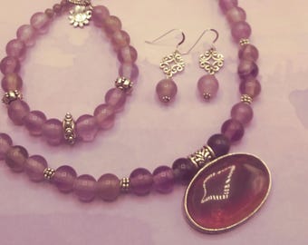 Purple Fluorite Solid Sterling Silver Genuine Gem Jewelry Set: Necklace, Bracelet & Earrings