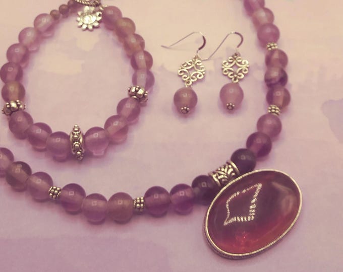 Purple Fluorite Solid Sterling Coordinating 3 Piece Adjustable Genuine Gemstone Necklace, Matching Bracelet & Earrings, One of a Kind Signed