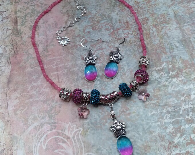 Pink & Aqua Quartz Flower Charm Necklace and Earrings,17-21 inch Adjustable Gem Crystal Necklace, Matching Sterling Ear Wire Flower Earrings
