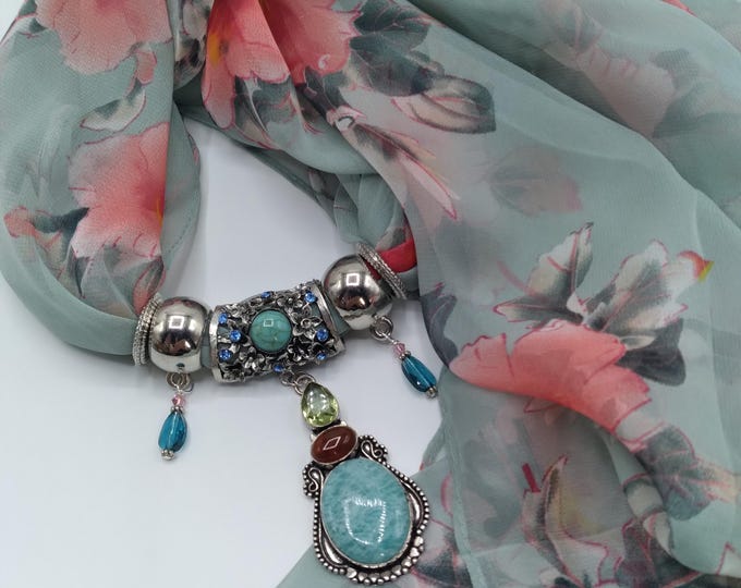 Aqua Amazonite, Agate, Peridot Genuine Gem Scarf Necklace Pendant, 6 Pc. Set Includes Coordinating Aqua Long Floral Scarf, 4 Scarf Rings