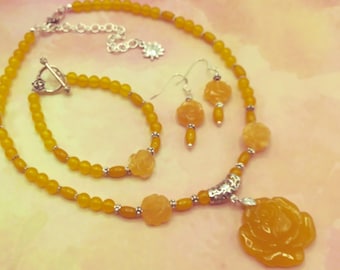 Hand Carved Yellow Jade Rose Pendant Necklace, Sterling Silver Bracelet & Earrings Set