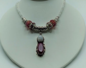Ruby & Moonstone Silver Slide Pendant, with 18” Faceted Moonstone Adjustable Necklace, Pave Crystal Spacer Beads, and Coordinating Earrings