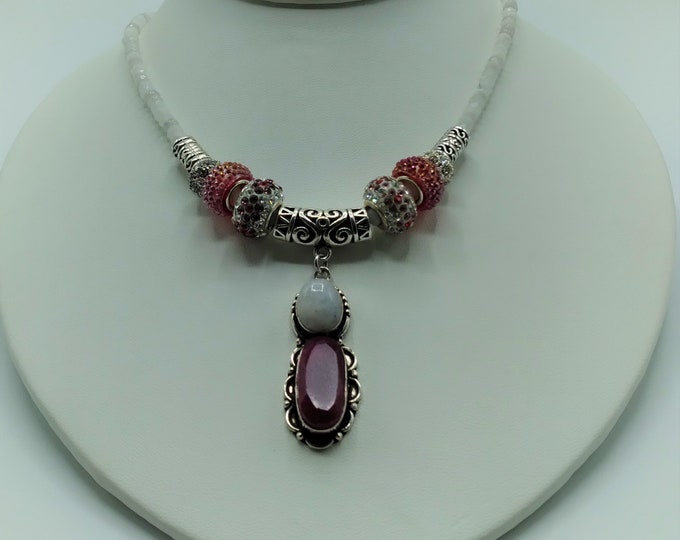 Ruby & Moonstone Silver Slide Pendant, with 18” Faceted Moonstone Adjustable Necklace, Pave Crystal Spacer Beads, and Coordinating Earrings