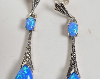 Silver Art Deco Style 2" Drop Blue Opalite and Marcasite Earrings