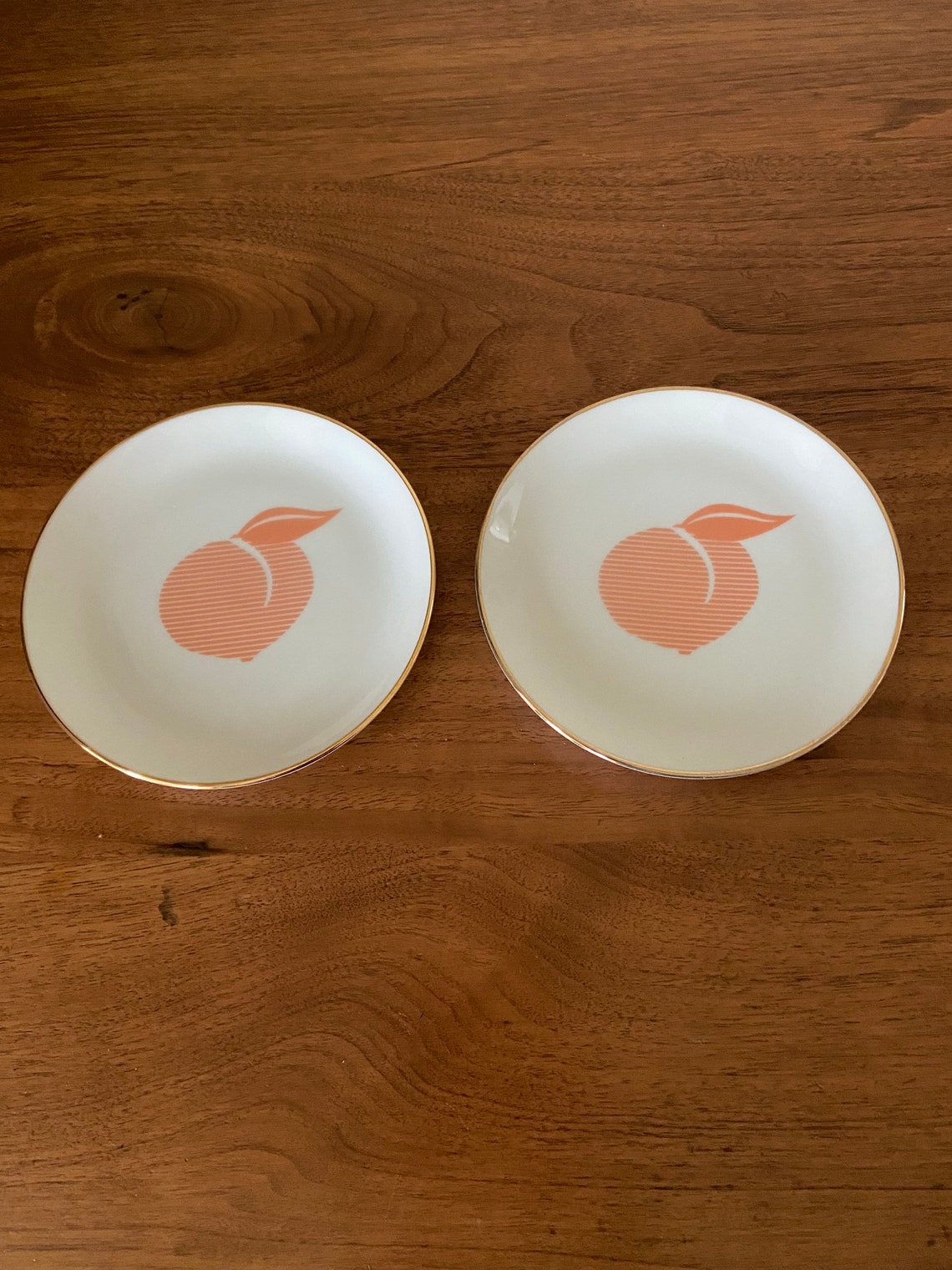 Set of 2 Vintage Porcelain Peach Plates 1989 White w/ Gold Rim Etsy