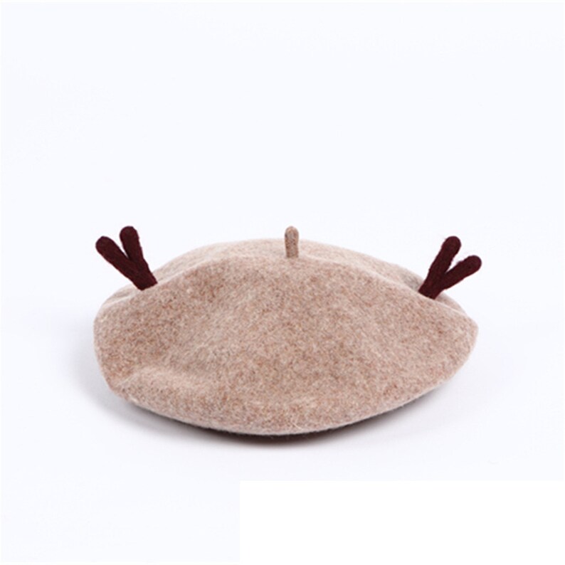 Women/'s Gift. Light Brown Winter Hat Deer Antlers Beret Winter hat Handmade Wool Deer Antlers hat Retro Accessory Christmas Deer Beret