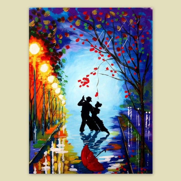 Painting couple in love romantic night lights  Palette knife colorful canvas Modern wall art Made to order