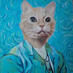 Custom Cat Portrait in Human Outfit – Oil Painting from Photo – Funny Pet Art on Canvas – Personalized Animal Commission Gift