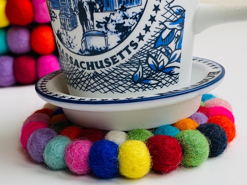 Nepal Handmade Rainbow Wool Felt Ball Mat Coaster Trivets Handmade Home Decor table mat colourful 10CM/ 20CM in Diameter Gifts UK SELLER image 8