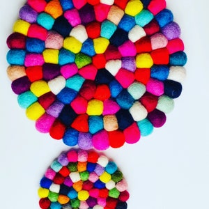 Nepal Handmade Rainbow Wool Felt Ball Mat Coaster Trivets Handmade Home Decor table mat colourful 10CM/ 20CM in Diameter Gifts UK SELLER image 9